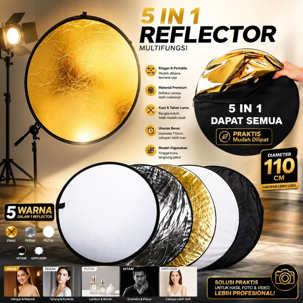 SET 5 in 1 Reflektor 60cm Cahaya Studio Foto Studio 2 IN 1 Foto 2in1 Lightning Diameter 30 - 60 cm Gold Silver White Black Emas Hitam CL-RT50 Midio TaffSTUDIO