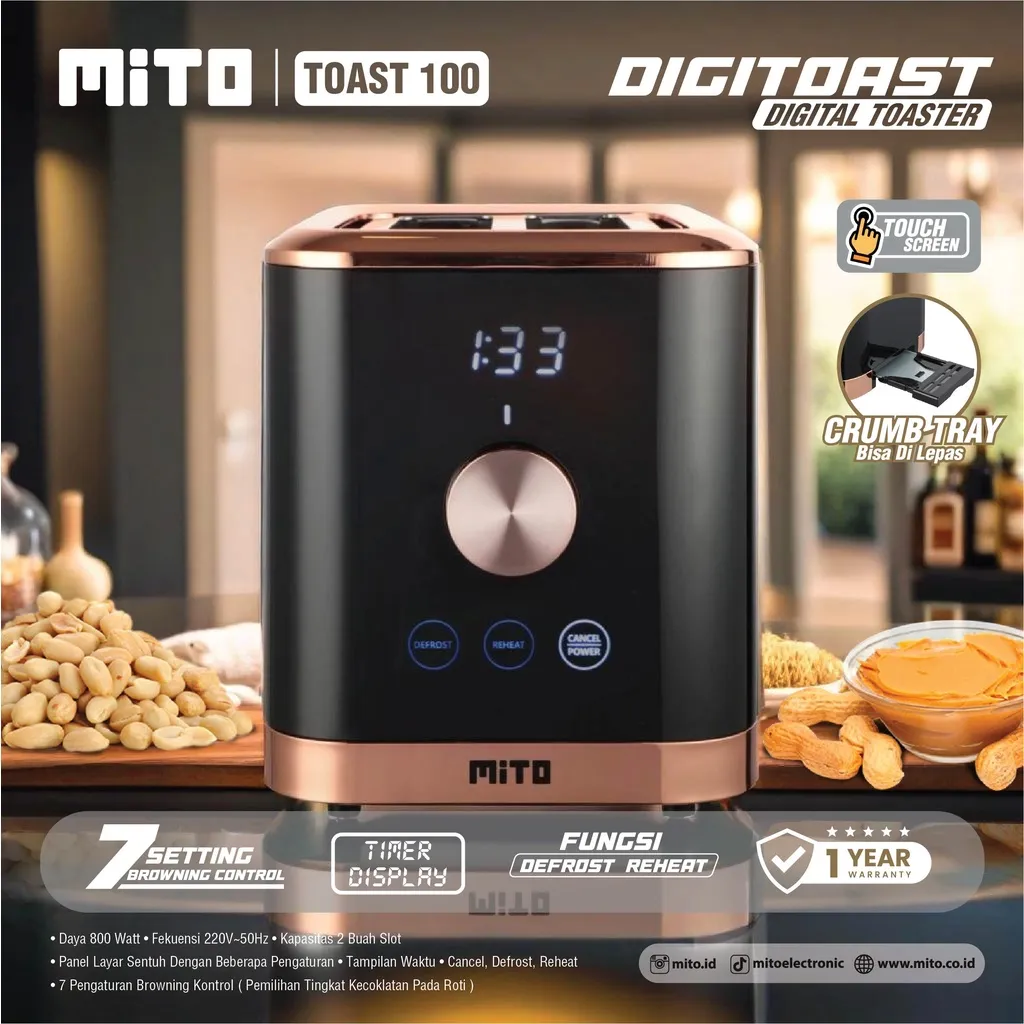 MITO Toast100 - Digital Toaster (DIGITOAST)-Touchscreen-Timer Display-7 Setting Browning Control-Reheat & Defrost-Extra Wide Slot