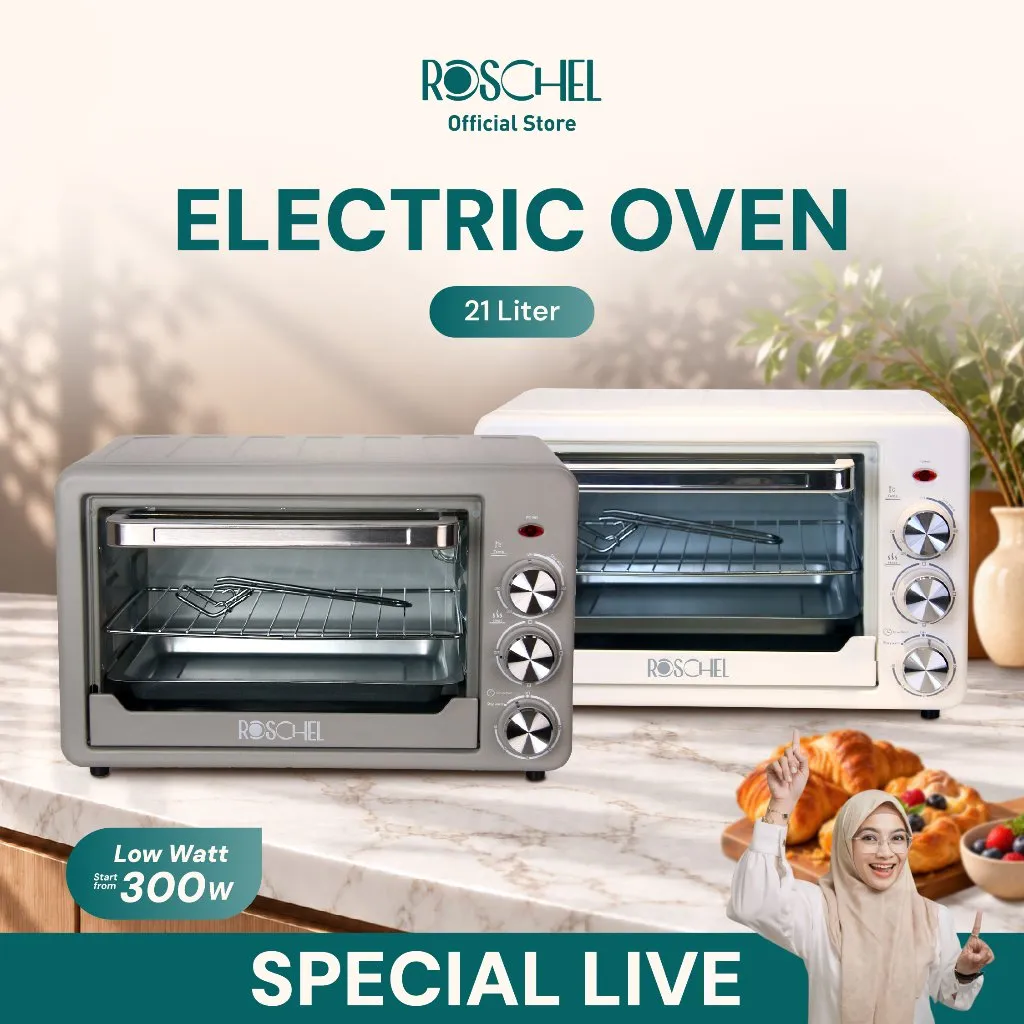 [SPECIAL LIVE LILA.AZMINA] Roschel Electric Oven Low Watt 2x300 W Atas Bawah Kapasitas 21L Stay Warm Function Menghangatkan with Interior Lamp Hemat Listrik Pemanas Ganda Stainless Steel Pemanggang Kue Toaster Multifungsi ROV-210/ROV 210/ROV210