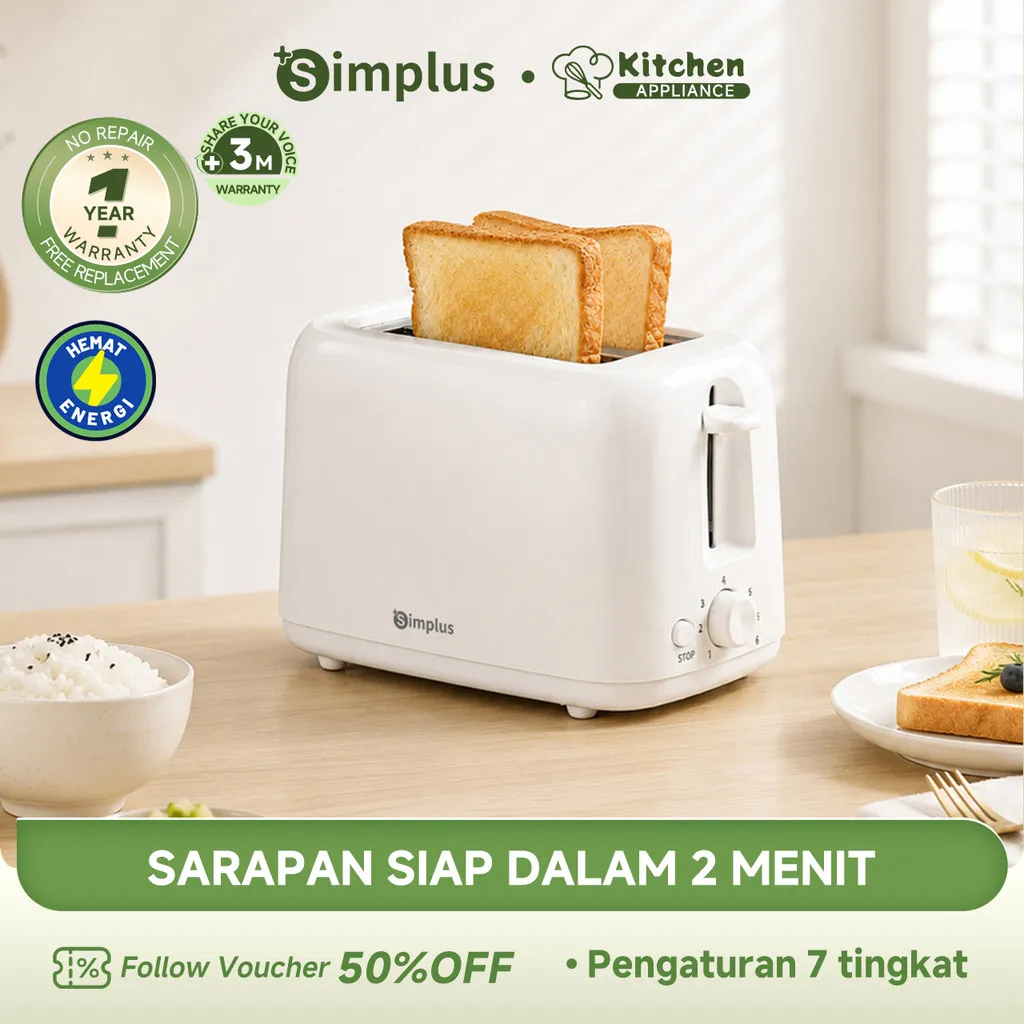 SimplusKitchen Pemanggang Roti Listrik 2 Slot Toaster Mini Otomatis Popup Anti Panas Rumah Tangga