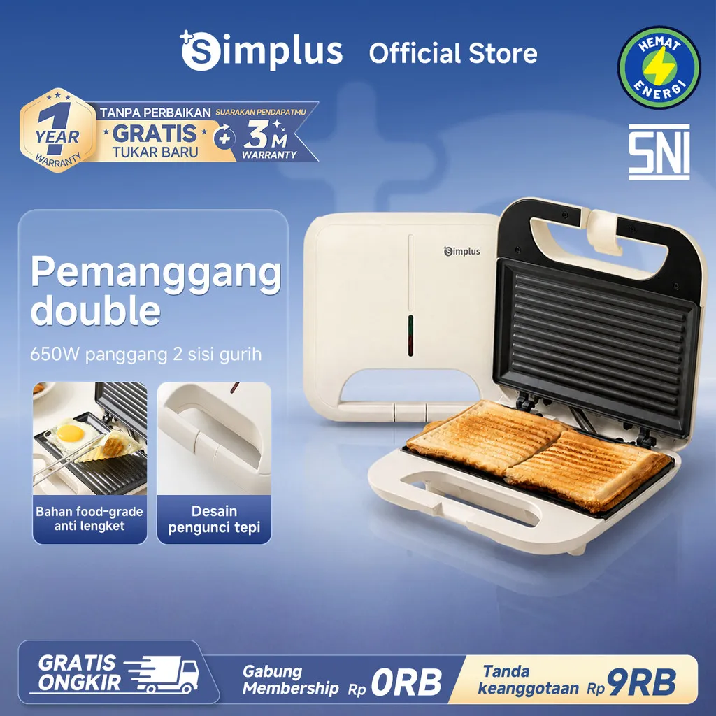 Simplus Sandwich Maker Pemanggang Roti Pelat Ganda Diupgrade Toaster Anti Lengket Low Watt Bergaransi 1 Tahun