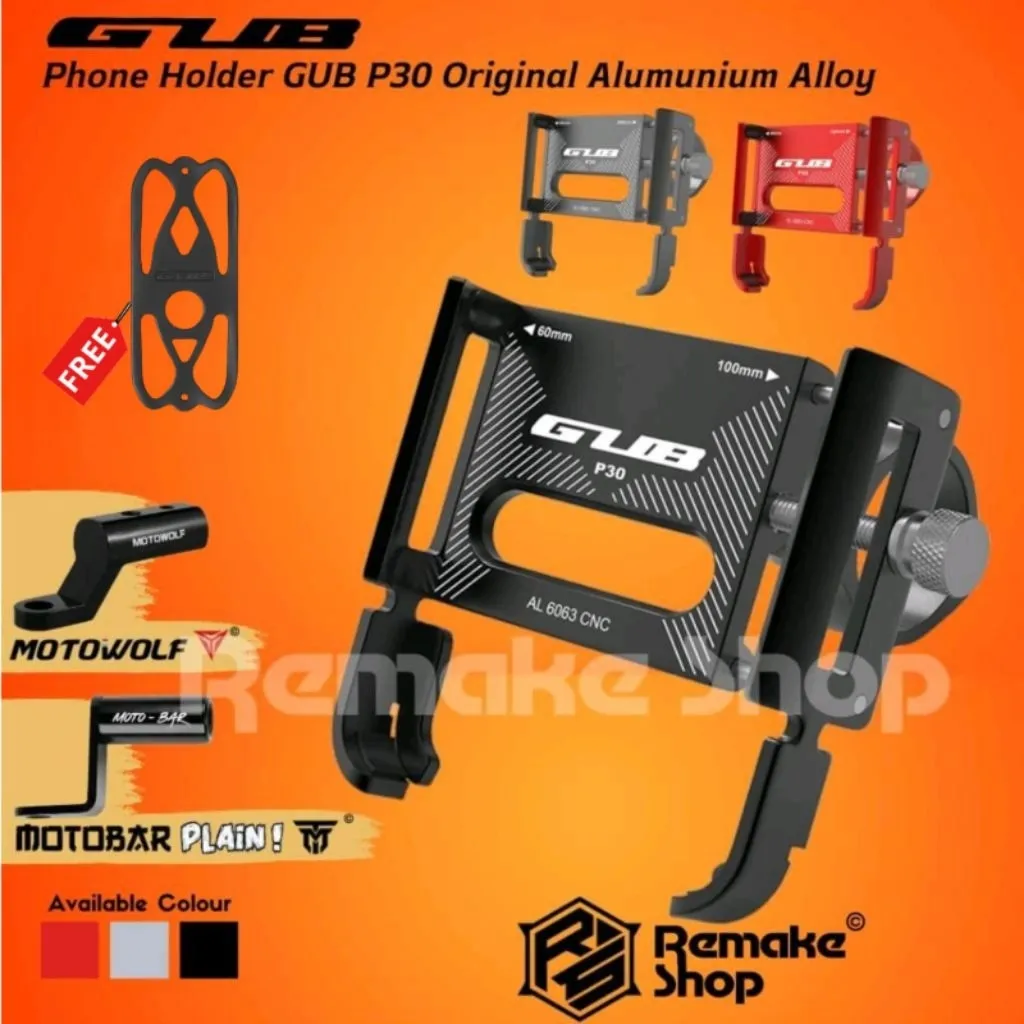 GUB P30 Original Holder HP Motor Full Besi Alumunium Alloy Breket Tempat Handphone Dudukan Penyangga Tatakan Ponsel di Stang Spion Sepeda Motor