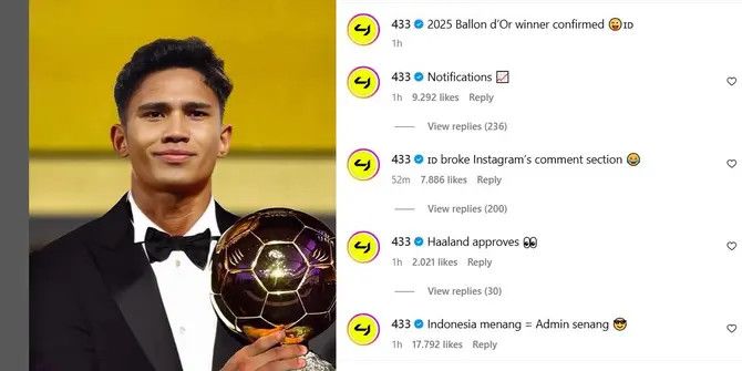 Kocak Banget, ini Foto Editan Marselino Ferdinan Raih Ballon D'Or hingga Dapat Like dari Erling Haaland