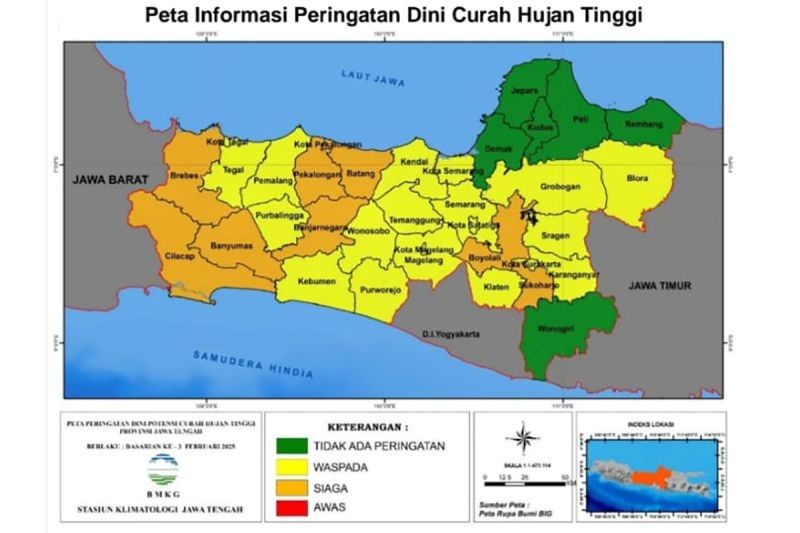 Sembilan Wilayah Jateng Siaga Curah Hujan Tinggi, BMKG Imbau Kewaspadaan