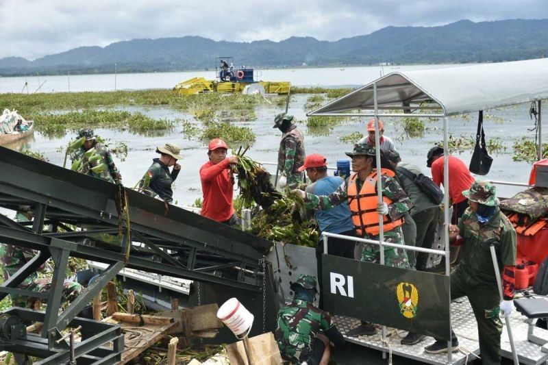 TNI dan Masyarakat Bersatu Bersihkan Eceng Gondok di Danau Tondano