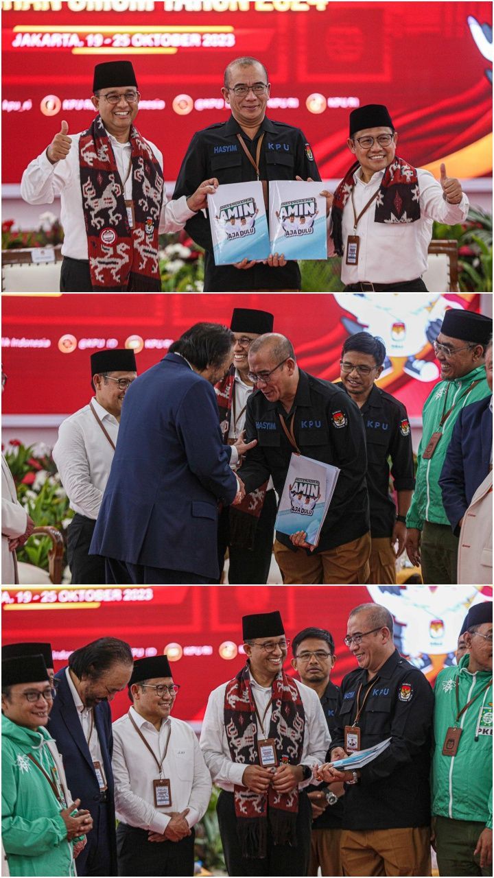 FOTO: Kompak Acungi Jempol dan Tersenyum, Anies dan Cak Imin Resmi Jadi Pasangan Pertama yang Mendaftar Capres dan Cawapres di KPU