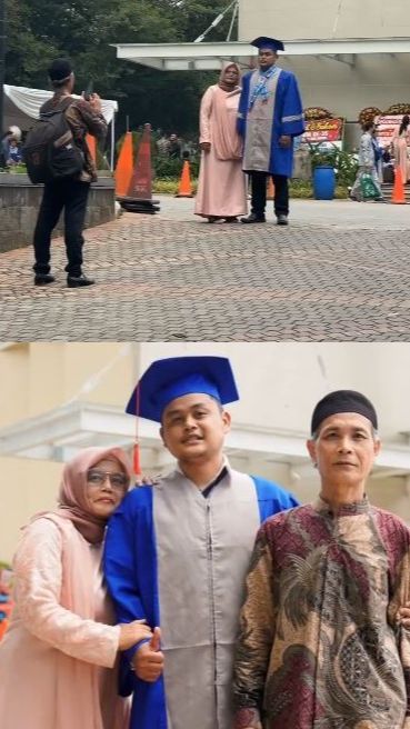 Viral Aksi Pria Bantu Abadikan Foto Wisudawan bersama Kedua Orang Tuanya, Ekspresi Bahagianya Bikin Terharu