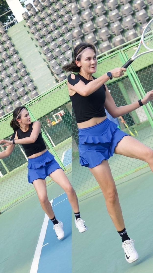 8 Foto Luna Maya Yang Sempat Salah Teknik Hingga Cidera Saat Main Tenis