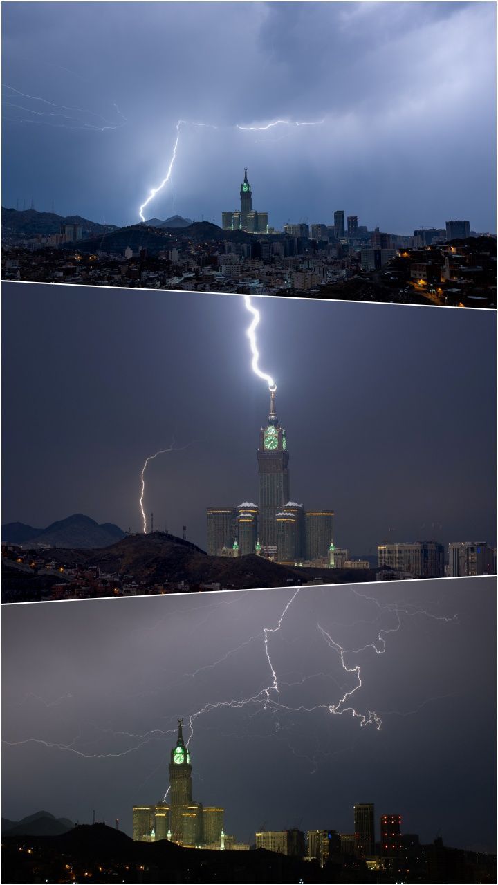 FOTO: Badai Dahsyat Hantam Arab Saudi,  Hotel Ikonik Fairmont Makkah Clock Royal Tower Sampai Disambar Petir Menakutkan