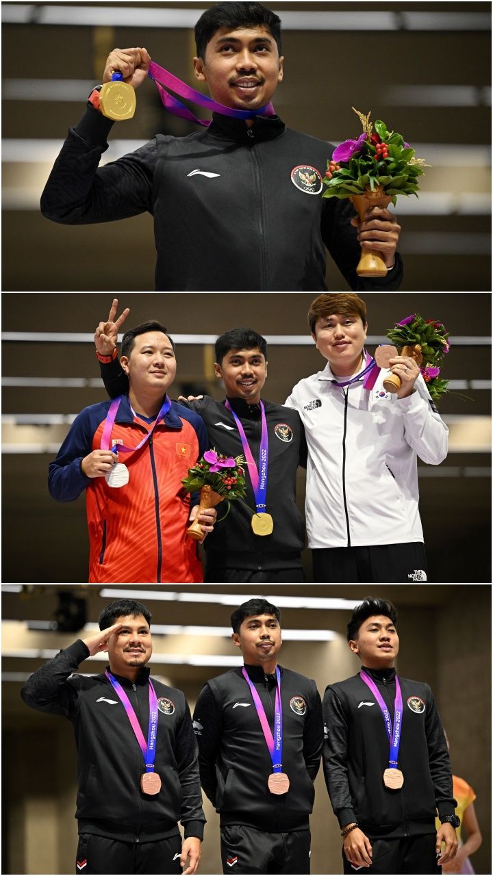 FOTO: Momen Tim Menembak Putra Indonesia Raih Medali Emas dan Perunggu di Asian Games ke-19 Hangzhou