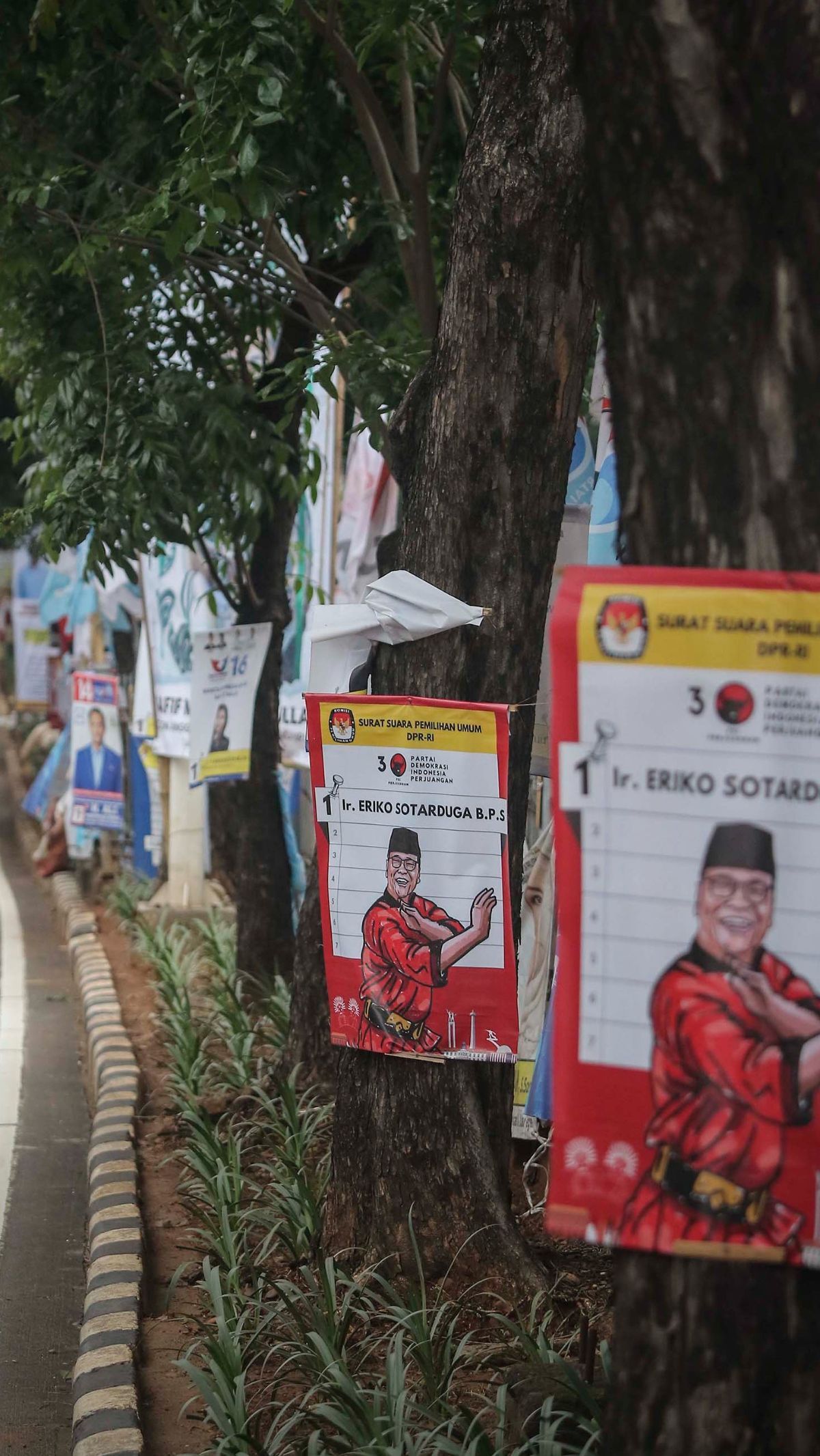 FOTO: Tak Cuma Bikin Kumuh, Pemasangan APK di Pohon Berpotensi Rusak Lingkungan