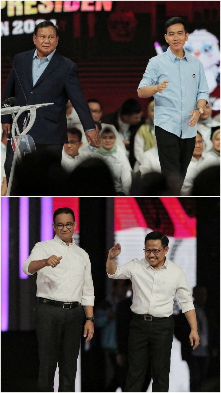 FOTO: Gaya Prabowo-Gibran hingga Senyuman Manis Anies-Muhaimin saat Masuk Panggung Debat Keempat Pilpres 2024