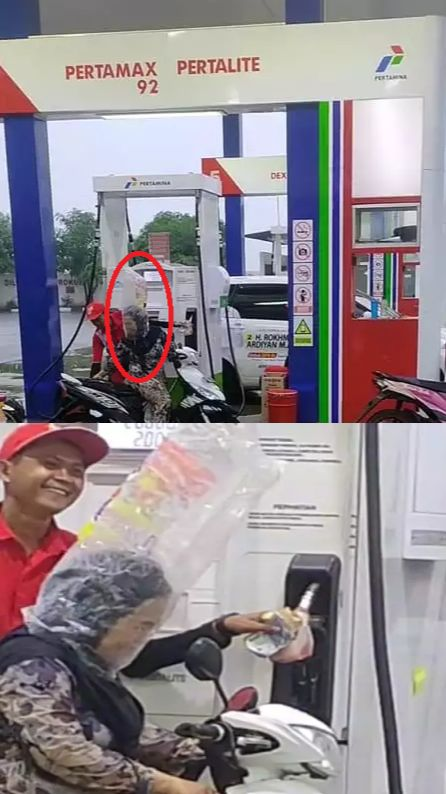 Viral Aksi Nyeleneh Emak-Emak Pakai Plastik di Kepala agar Tak Kehujanan, Bikin Petugas SPBU Senyum-Senyum