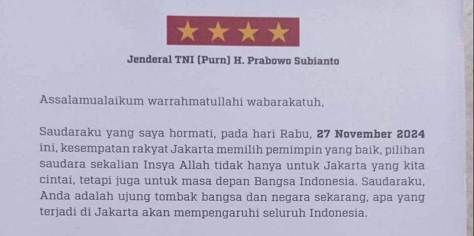 VIDEO: Kop Surat Bintang Empat Disorot, Prabowo Ajak Warga Jakarta Pilih RK Suswono