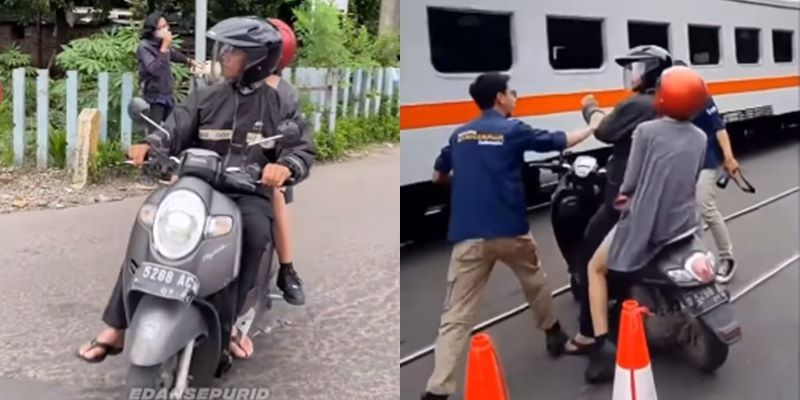 Pemotor Nekat Mau Terobos Perlintasan Padahal Kereta Sudah di Depan Mata, Nyawanya Diselamatkan Petugas Malah Ngamuk