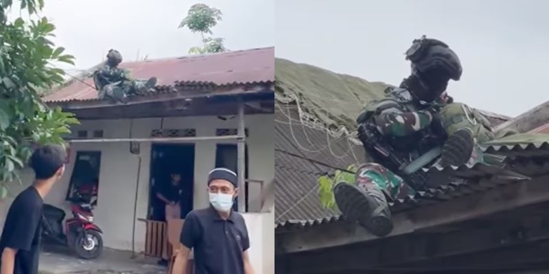 Kemunculan Prajurit TNI Penerjun Bikin Satu Keluarga Terkejut Keluar Rumah, Tak Disangka Ternyata Nyangkut di Genteng