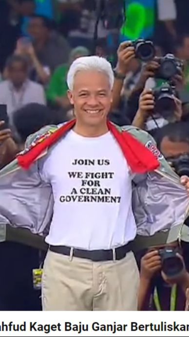 VIDEO: Momen Mahfud Kaget Baju Ganjar Bertuliskan 'Join Us We Fight For a Clean Government'