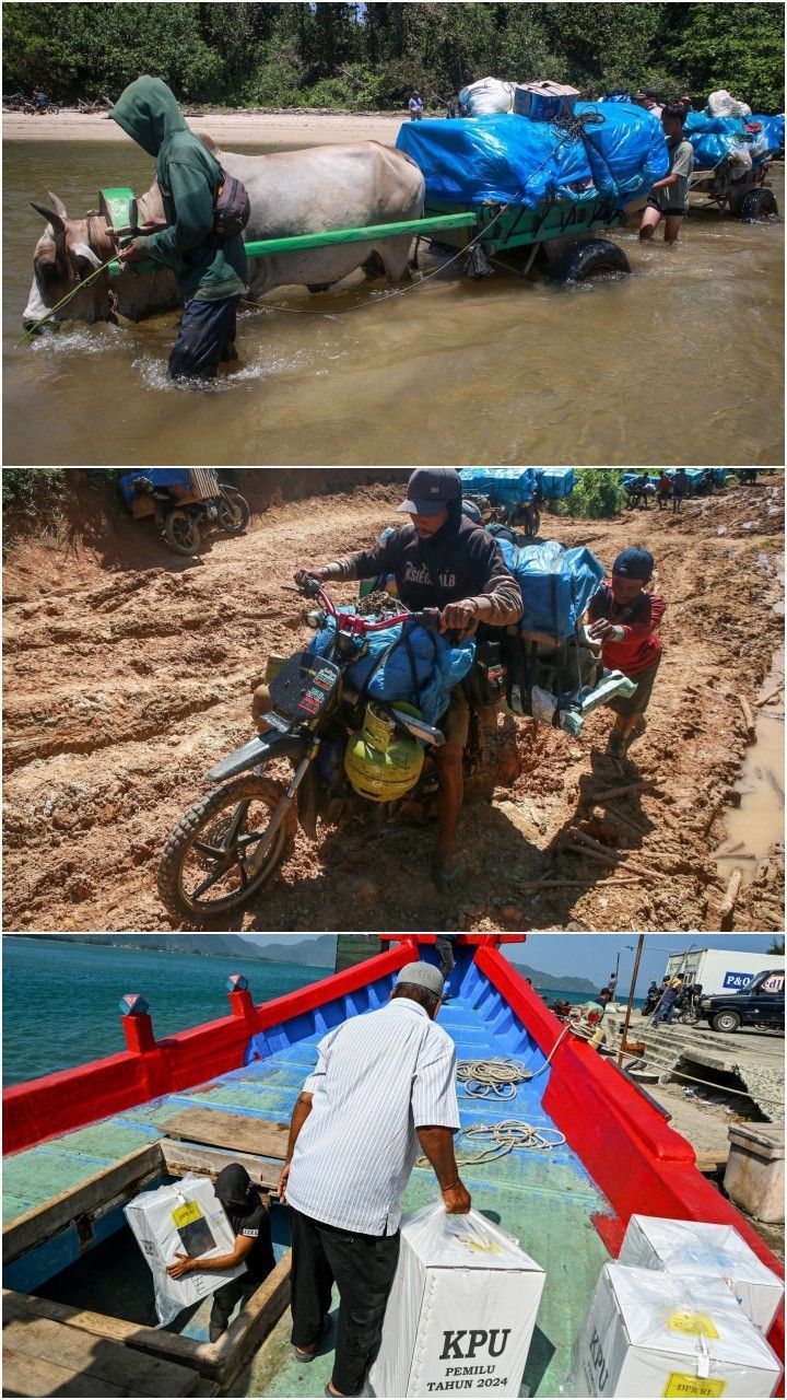 FOTO: Jerih Payah Petugas KPU Antar Logistik Pemilu 2024 ke TPS Terpencil, Dari Lewat Laut hingga Naik Gerobak Sapi Menerobos Lumpur