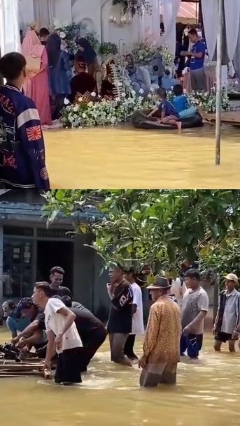 Viral Momen Resepsi Pernikahan di Tengah Banjir, Tamu Tetap Asyik Nikmati Hidangan