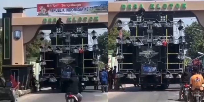 Viral! Mobil Pengangkut Sound Horeg Terjebak di Gapura