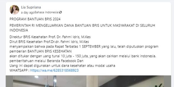 Cek Fakta: BPJS Beri Bantuan Rp150 Juta Dana Kesehatan Hubungi Kontak Ini buat Isi Biodata Diri