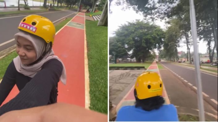 Viral Momen Wanita Gowes di Kawasan TMII, Setiap Lewat Anjungan Disambut Orang Pakai Baju Adat