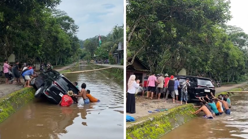 Viral Momen Warga Kompak Angkat Mobil yang Masuk ke Sungai, Aksinya Banjir Pujian