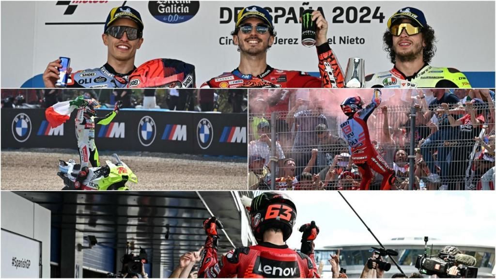 FOTO: Pesta Podium Pecco, Marquez dan Bezzecchi Rayakan Kemenangan Usai Tampil Sengit di MotoGP Spanyol 2024