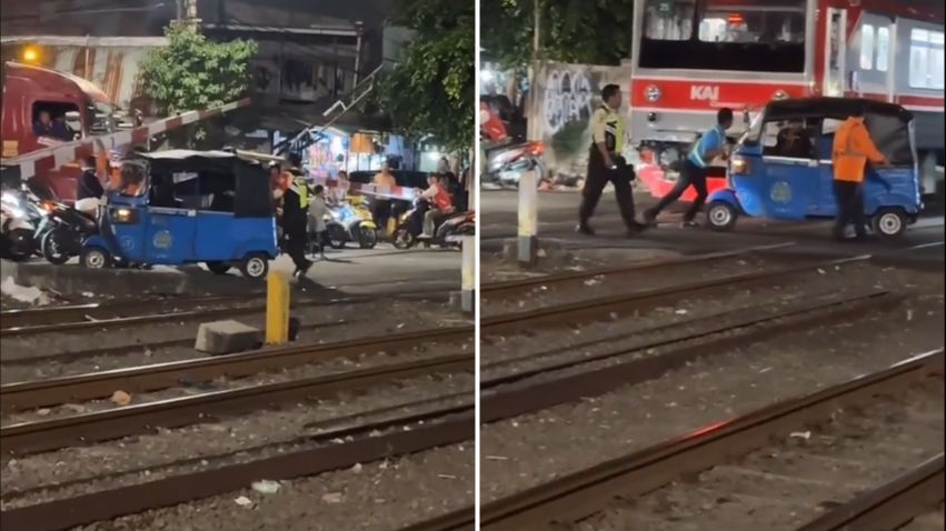 Viral Momen Pengendara Bajaj Nekat Terobos Palang Kereta, Bikin Warga Geram