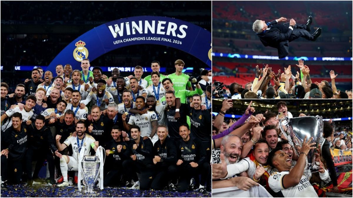 FOTO: Euforia Real Madrid Juara Liga Champions 2023/2024, Mulai Angkat Trofi hingga Lempar Pelatih Carlo Ancelotti ke Udara