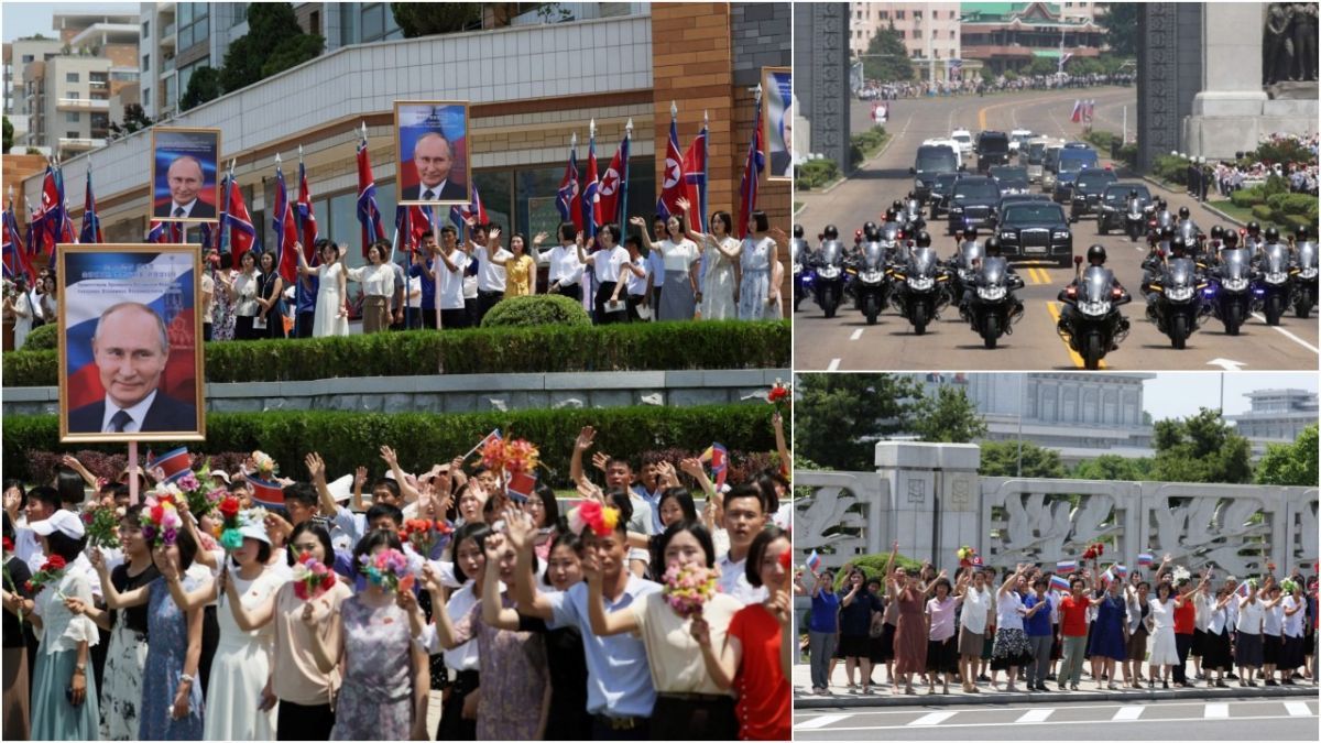 FOTO: Kehebohan Warga Korea Utara Sambut Iring-iringan Kendaraan Presiden Vladimir Putin di Jalan Raya Pyongyang