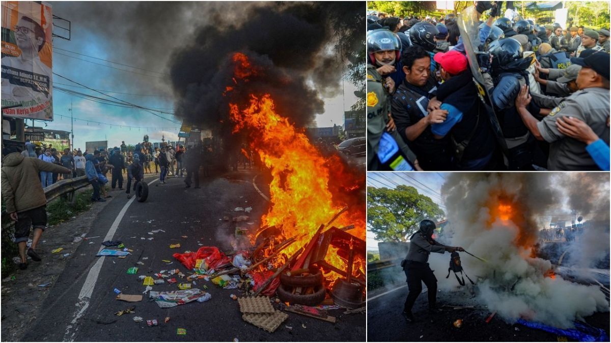 FOTO: Kericuhan Ratusan PKL dengan Satpol PP Pecah, Aksi Dorong-Dorong hingga Pembakaran Bikin Lumpuh Jalan Raya Puncak Bogor