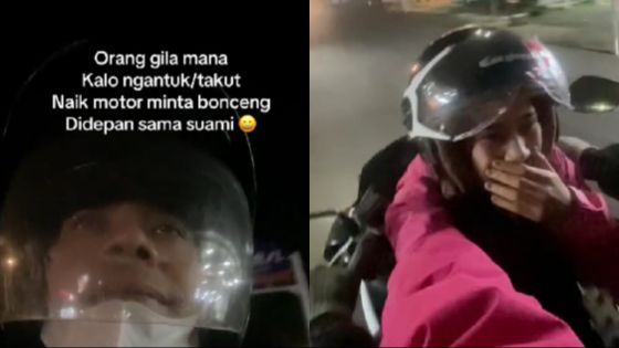 Menghadap ke suami, solusi saat istri ngantuk di motor adalah dibonceng depan.