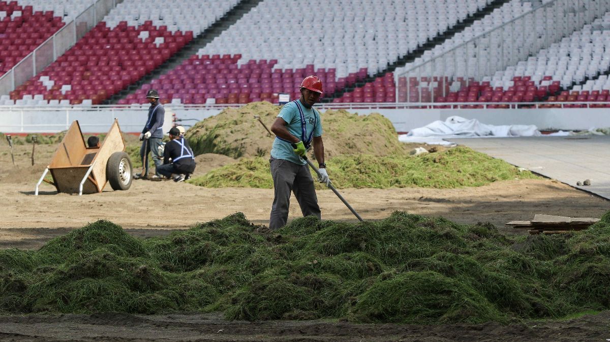 FOTO: Penampakan Terkini Revitalisasi Lapangan Stadion Gelora Bung Karno, Rumput Dibongkar dan Akan Ditanam Ulang