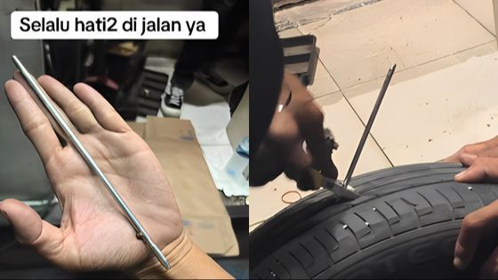 Sangat sial! Roda mobil menjadi kempis karena terkena besi panjang, terasa seperti tertusuk paku bumi.