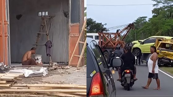 Kuli bangunan tetap fokus bekerja meskipun terjadi kecelakaan mobil di depan mereka.