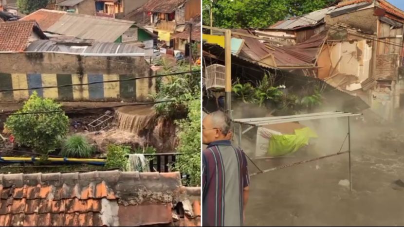 Viral Detik-detik Pipa Saluran Air Pecah, Bikin Jalanan dan Rumah Warga Ambruk