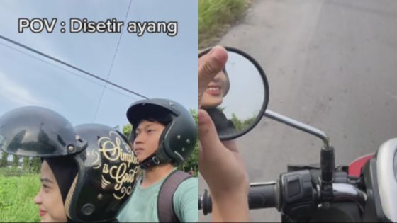 Lelaki dibonceng perempuan, spion digunakan untuk ngaca!