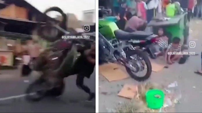 Seorang pria yang berusaha menunjukkan gaya-gayaan dengan atraksi motor di Karnaval Nganjuk akhirnya mengalami nasib buruk setelah menabrak sekelompok anak-anak.