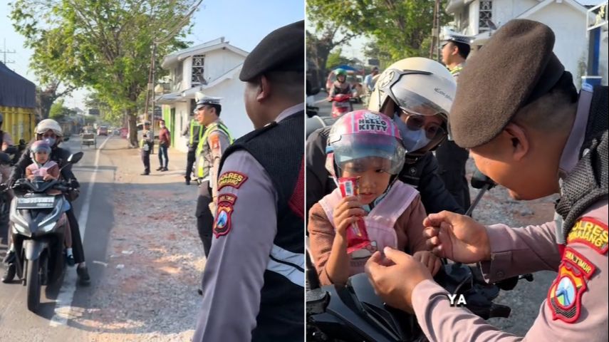 Momen Polisi Beri Hadiah saat Temui Anak yang Pakai Helm ketika Berkendara Bareng Orang Tuanya, Aksinya Banjir Pujian