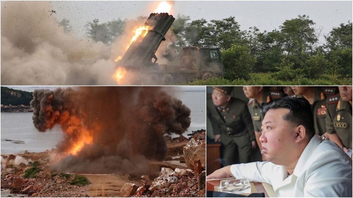 FOTO: Kembali Uji Coba Senjata Canggih, Ekspresi Kim Jong-un Sampai Melongok Lihat Kehebatan Peluncuran Roket Ganda 240 mm