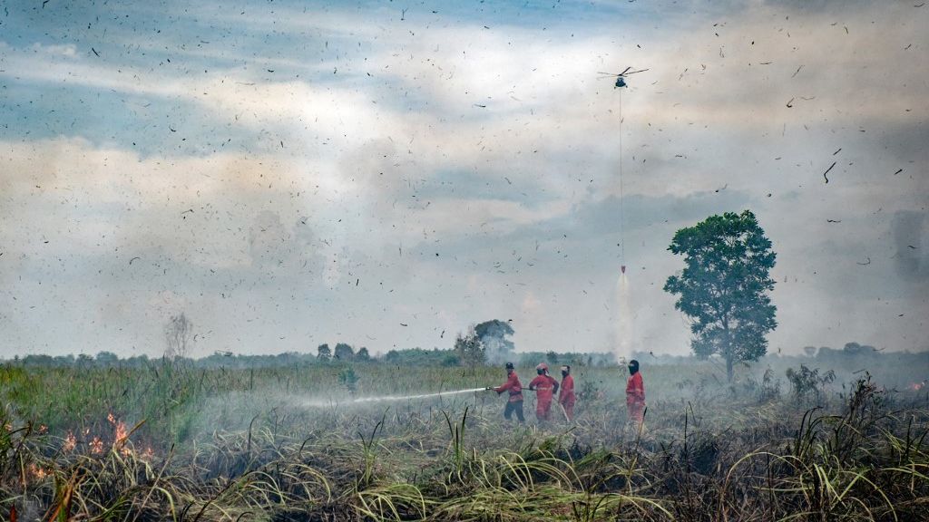 FOTO: Perjuangan Petugas Berjibaku Padamkan Karhutla di Ogan Ilir Sampai Kerahkan Helikopter