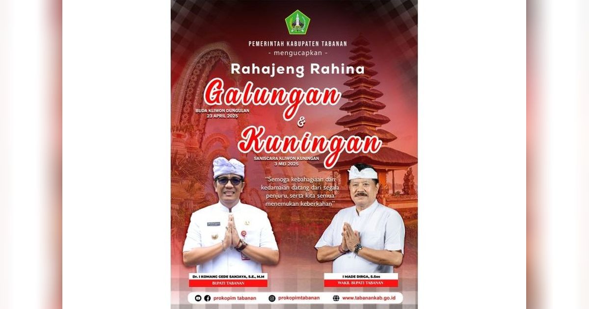 Bupati Tabanan Ajak Umat Hindu Tingkatkan Bhakti di Hari Raya Galungan