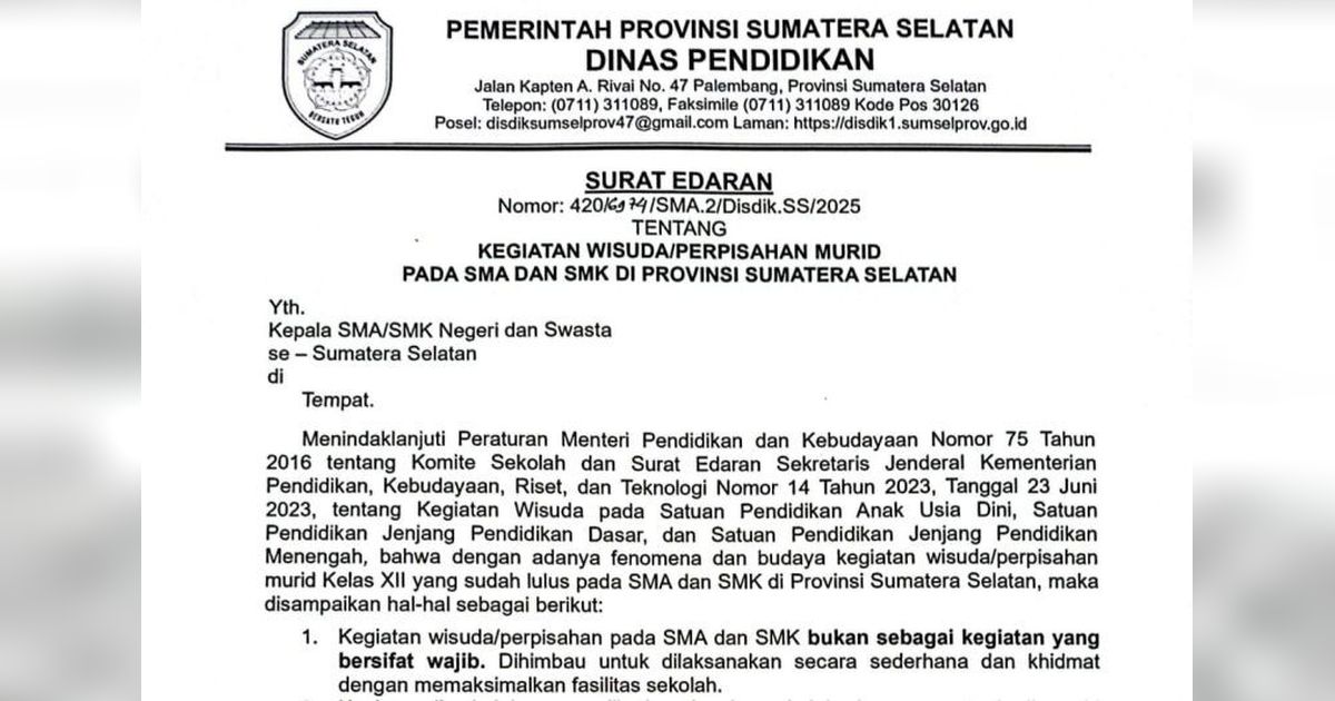 Disdik Sumsel: Perpisahan Sekolah Tidak Wajib, Sederhana dan Khidmat Lebih Baik