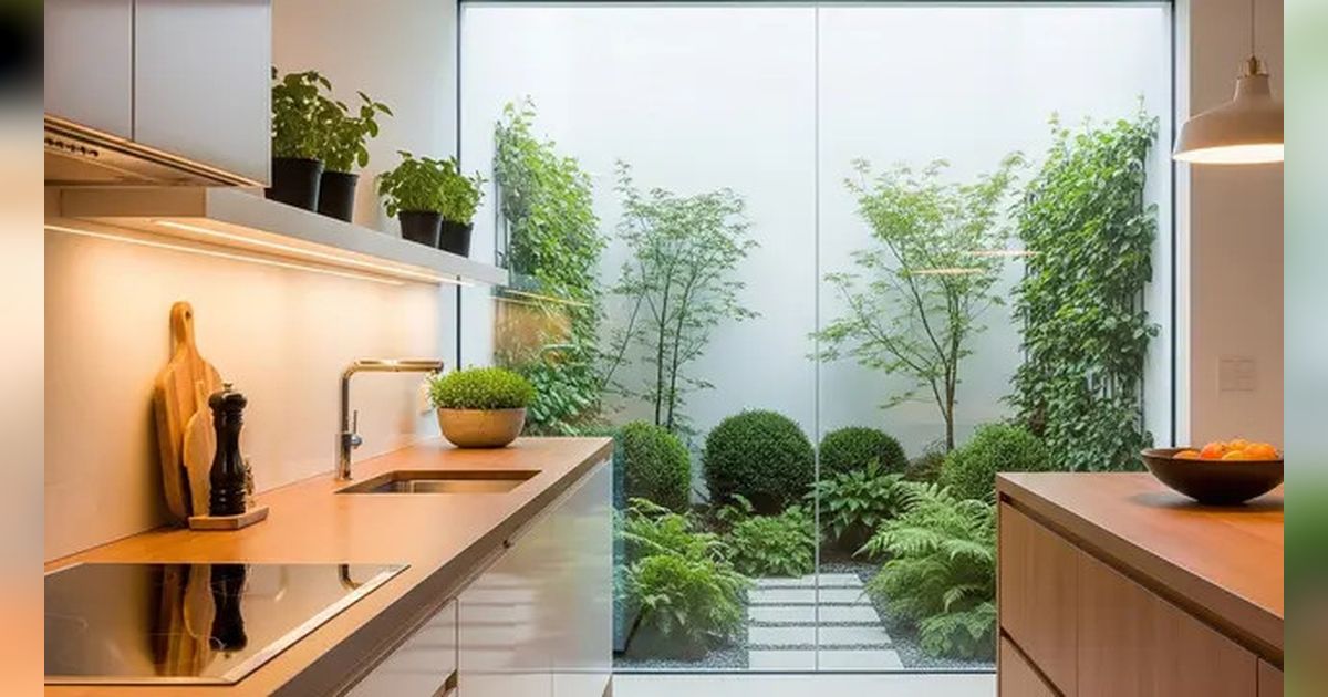 7 Desain Dapur Kecil dengan Taman Hijau di Belakang, Bikin Rumah Terasa Lebih Sejuk