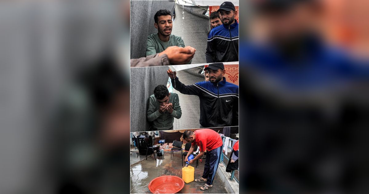 FOTO: Di Tengah Kesulitan Air Bersih, Hujan Deras Akhirnya Turun di Jalur Gaza dan Disambut Penuh Syukur Warga Palestina