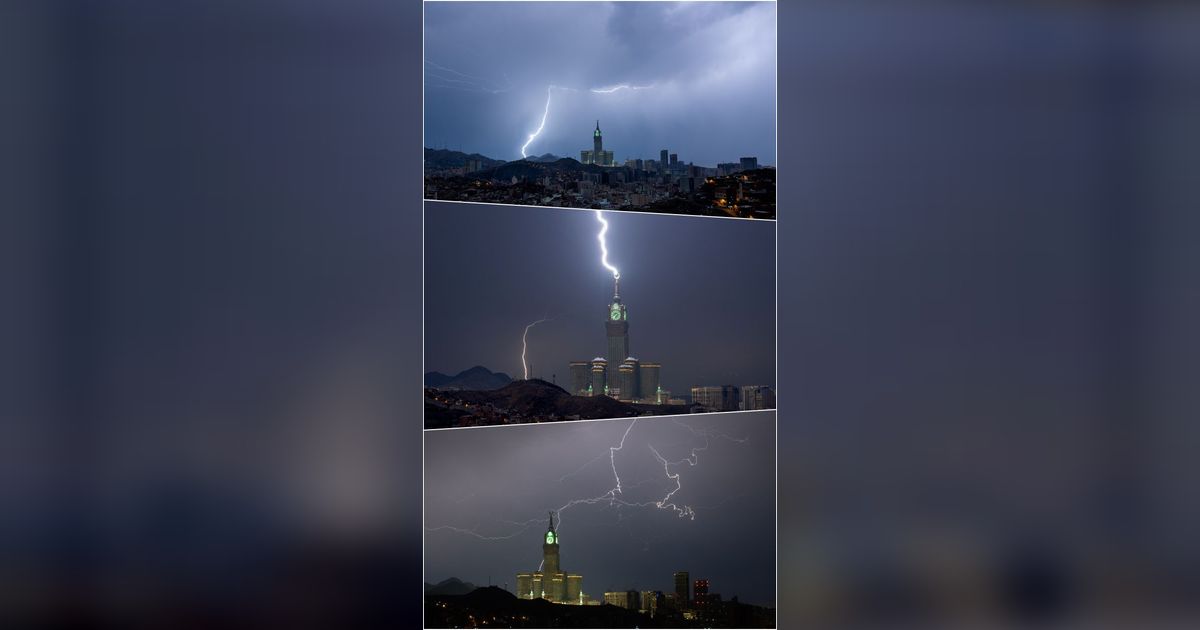 FOTO: Badai Dahsyat Hantam Arab Saudi,  Hotel Ikonik Fairmont Makkah Clock Royal Tower Sampai Disambar Petir Menakutkan