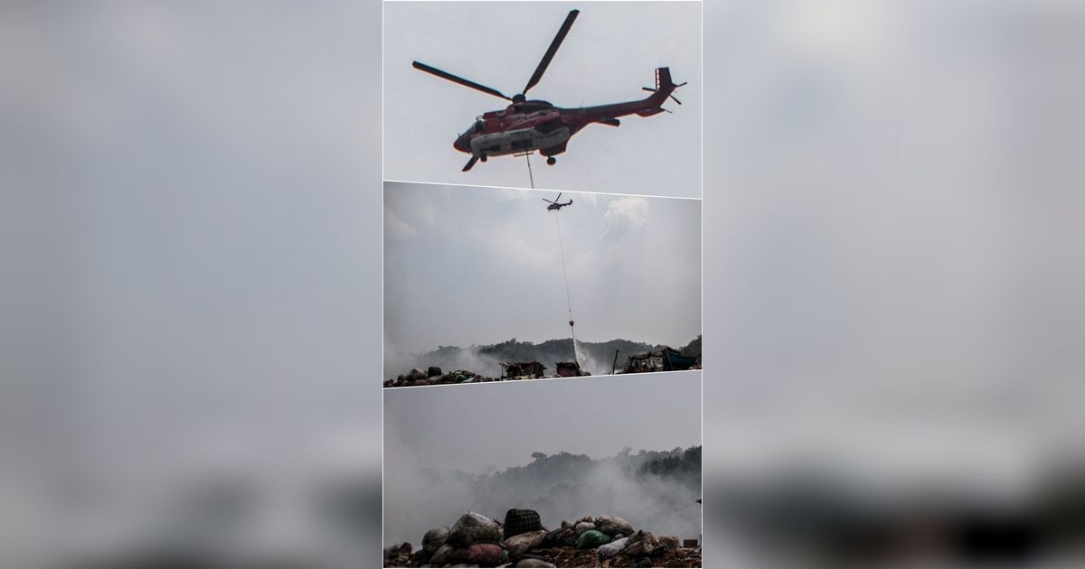 FOTO: Hingga Hari ke-9, Helikopter Water Booming BNPB Terus Kerja Maraton Atasi Asap Kebakaran Gunung Sampah di TPA Sarimukti Bandung