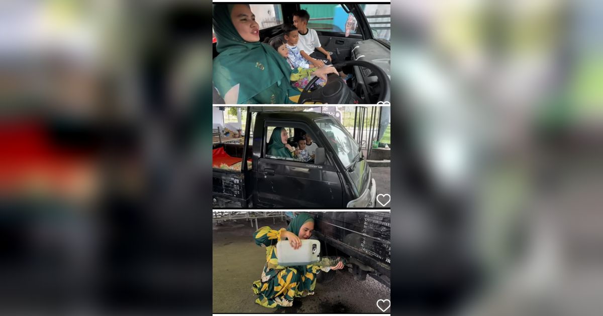 Momen Kartika Putri Nyetir Mobil Pick Up Bawa Anak-Anak, Isi Bensin Sendiri Pakai Jerigen