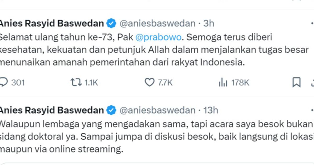 Anies Baswedan Ucapkan Selamat Ulang Tahun ke Prabowo: Semoga Diberi Petunjuk Jalankan Tugas Besar Amanah dari Rakyat